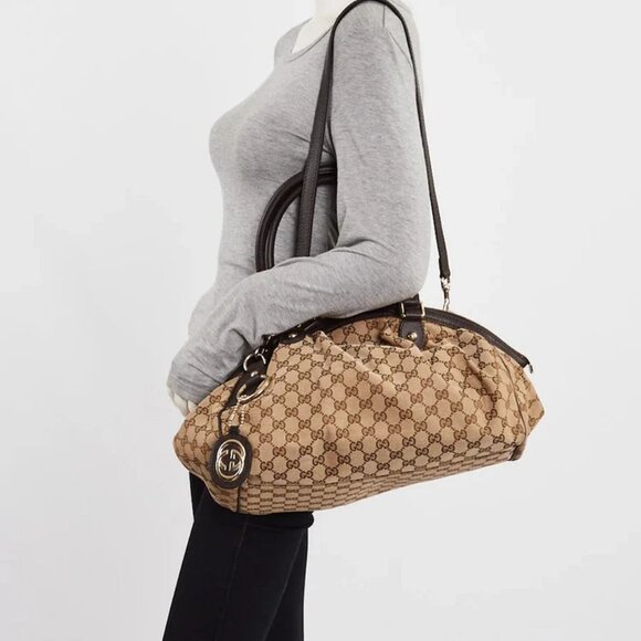 Gucci Beige/Brown GG Canvas Medium Sukey Boston Bag w/Strap - Picture 2 of 12